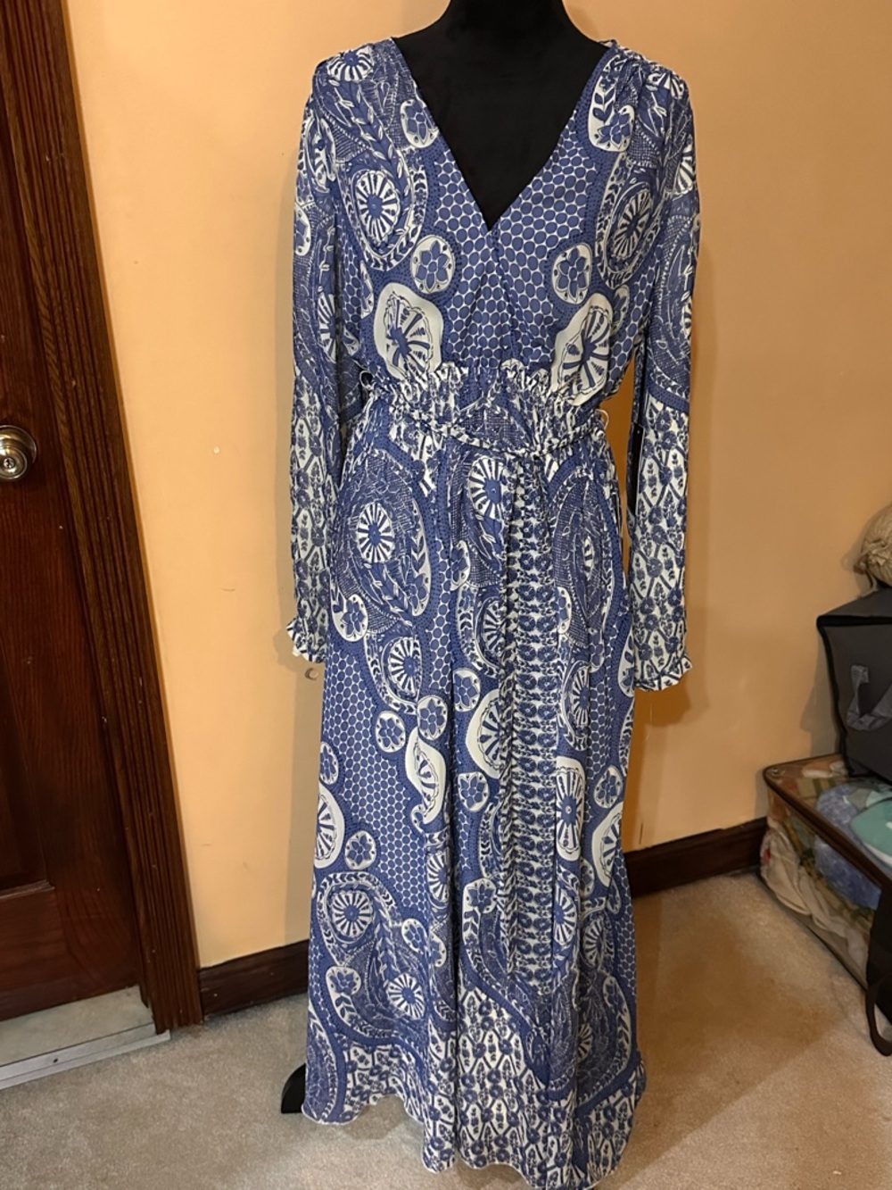 Lulu's Blue and White Printed V-Neck Maxi Dress